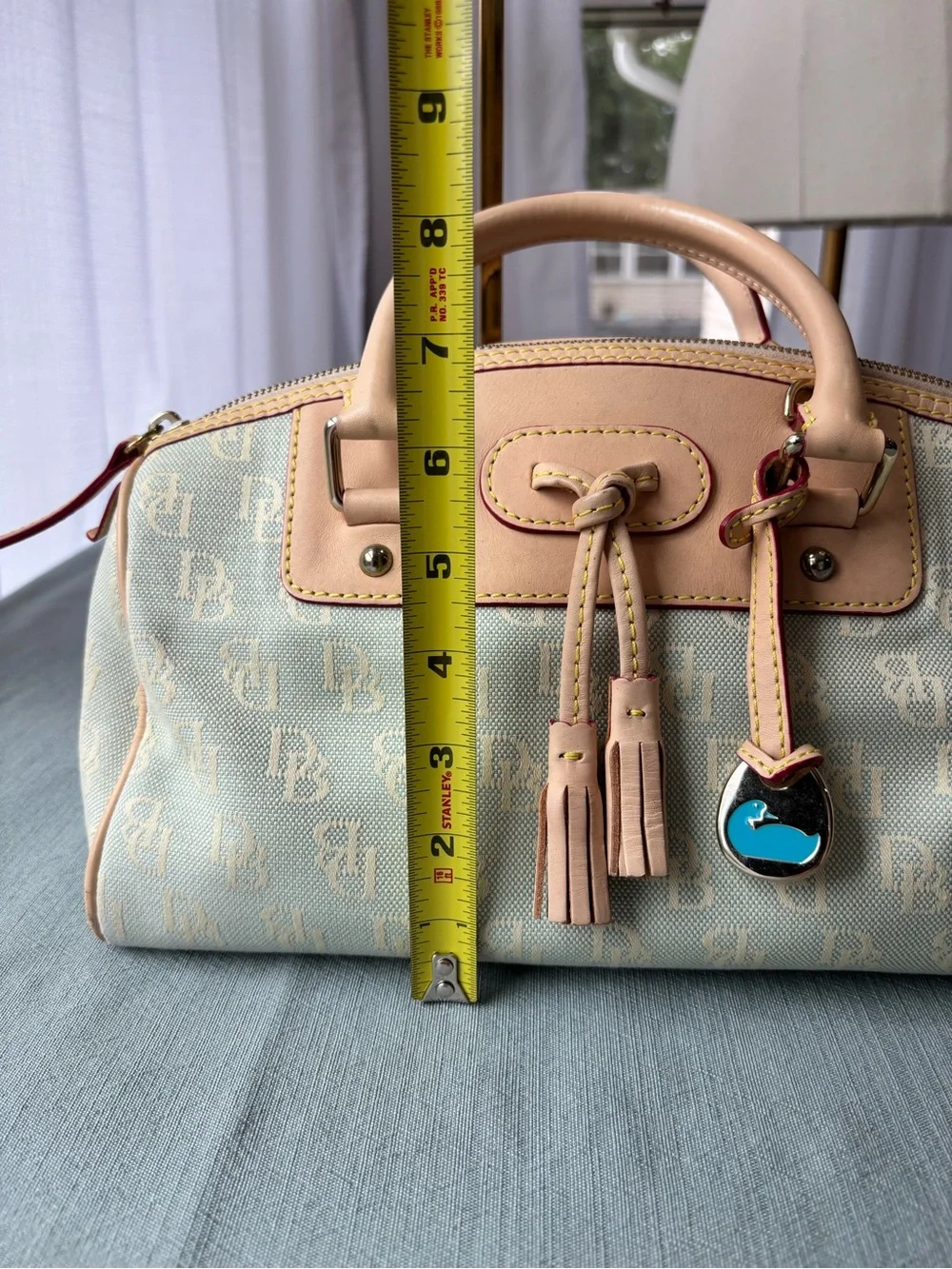 Vintage Dooney Bourke Light Blue Logo Satchel with Vacchetta Leather Trim Tassel